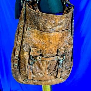Rare French Luxury ABACO vintage distressed brown leather saddlebag purse